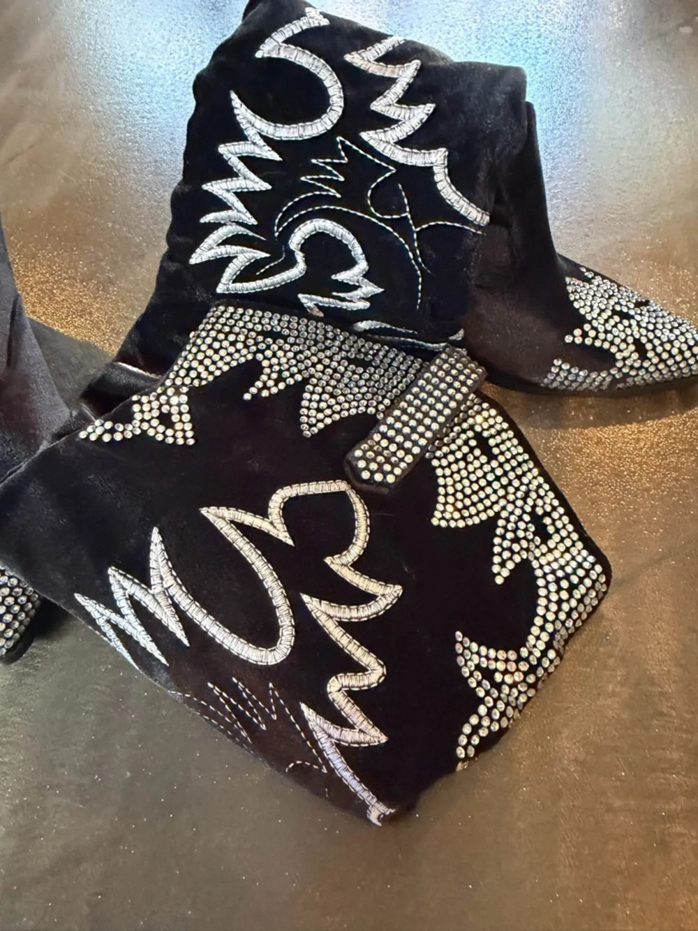 Black Velvet Rhinestone Embroidered Over-the-Knee Western Cowboy Boots Sz 8.5